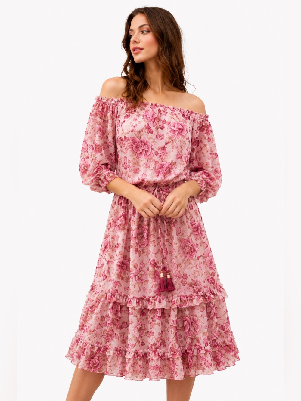 Hale Bob Floral Off Shoulder Dress Small Pink Boho Tiered Ruffle NWT